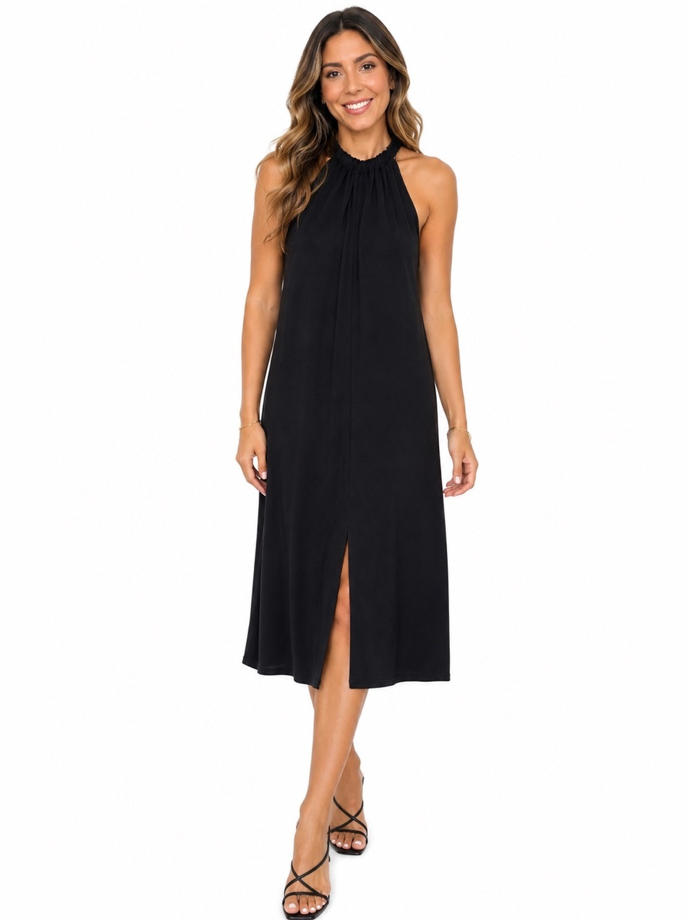 Green Envelope Black Halter Midi Dress with Front Slit - Picture 1 of 4